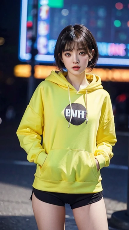highest quality,whole body,woman,Blunt bangs,Black Hair,Short Crop Hair,Shiny Hair,With big eyes、tea,bright、Has a lively expression,健康的でbright肌の色,Small Mouth,Thick lips,Big Breasts,The thighs are a little thicker,Looking at the camera,Cinema Lighting,Long hoodie,Small Ass,hair band,spats,Both hands are in the stomach pockets of his hoodie,