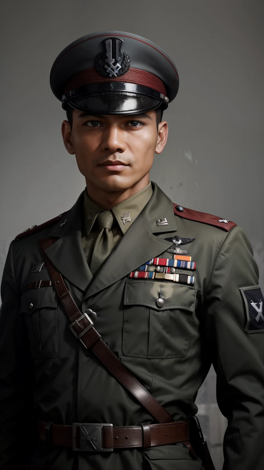 
"Craft a vivid narrative depicting a strikingly handsome Indonesian military officer, his raven-black hair framing sharp features, during World War II. He serves in the Waffen-SS, clad in a steely grey uniform with a military cap adorning his head. Despite his alluring appearance, his demeanor is chillingly cold and lethal. Describe a scene where his ruthless efficiency and merciless nature are on display amidst the chaos of battle, capturing the essence of his character as a formidable and formidable figure on the battlefield." super fine face, super fine eyes, super fine nose, super fine mouth, perfect face, black uniform, uniform, ww2 soldier uniform, ww2 german soldier officer uniform, waffen ss uniform, Wehrmacht uniform, super realistic waffen ss uniform, passport photograph. raw photo