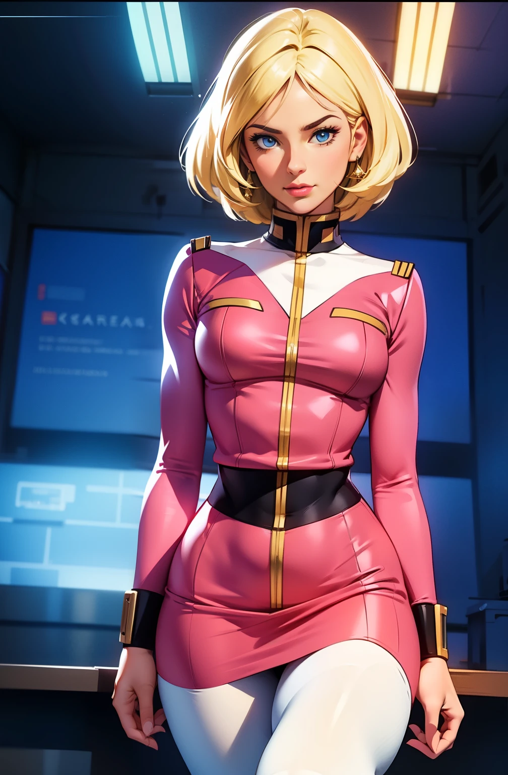 ((masterpiece)), ((cinematic lighting)), realistic photo、Real Images、Top image quality、1girl in, sayla mass, Elegant, masterpiece, Convoluted, slim arms, wide hips, thick thighs, thigh gaps, Best Quality, absurderes, high face detail, Perfect eyes, mature, Cowboy Shot, , Vibrant colors, soft soft pink uniform, soft soft pink Skirt, white tights