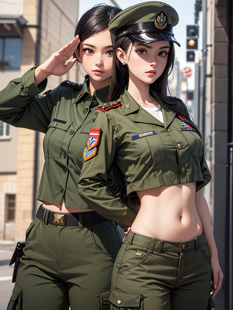 Women in crop top soldier uniform, soldier hat, military Shirt brooch,  exposed abdomen area, very low waist cargo pants, navel, military salute, 