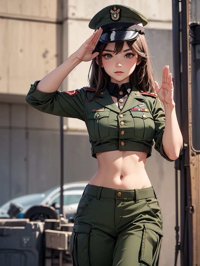 Women in crop top soldier uniform, soldier hat, military Shirt brooch,  exposed abdomen area, very low waist cargo pants, navel, military salute, 