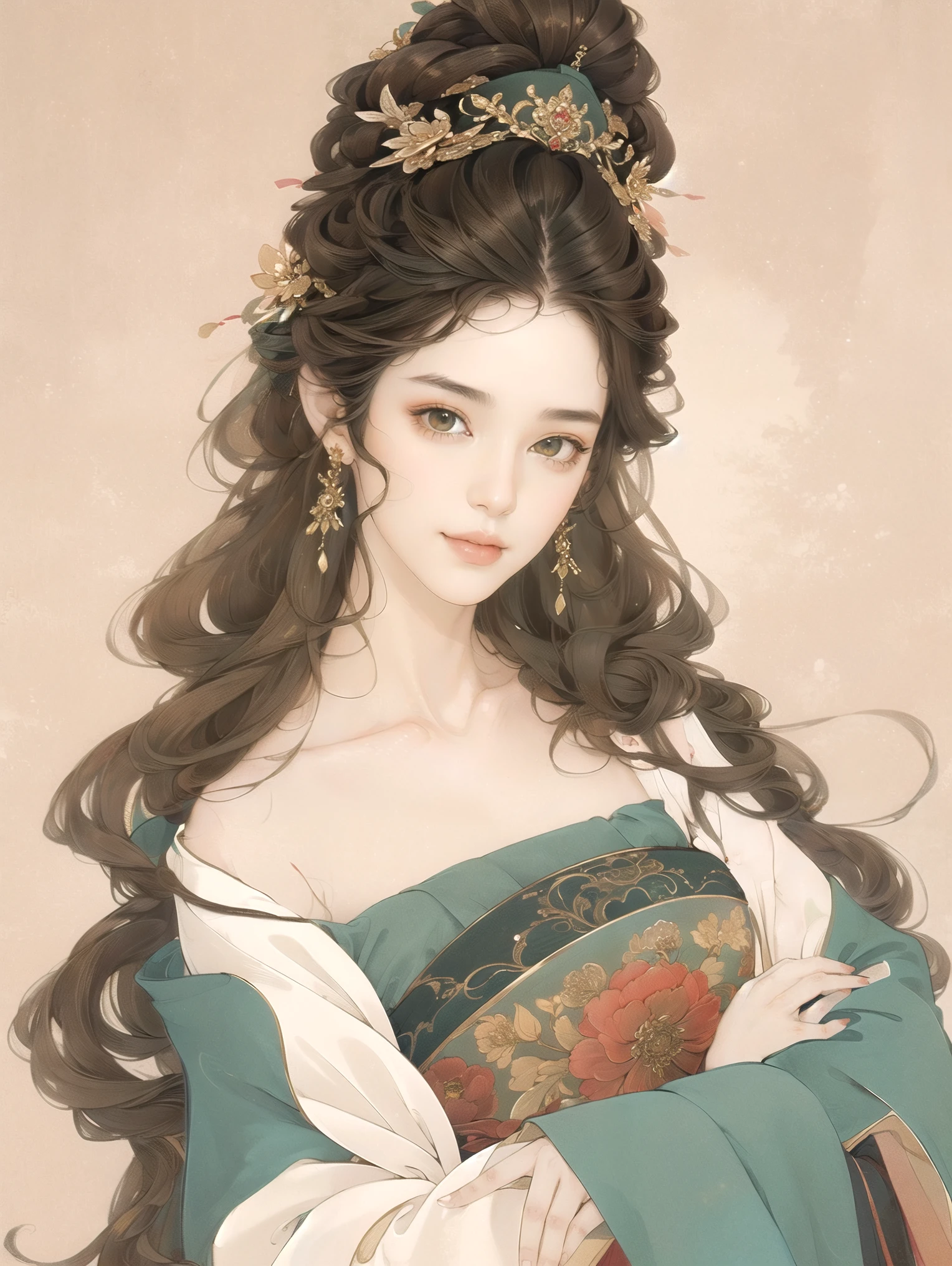 a stunning masterpiece,High resolution portrait of a beautiful detailed girl with long hair, Shiny brown hair and stunning green eyes, Wear a comfortable sweater,Her bright smile accentuated her small, perfect breasts.