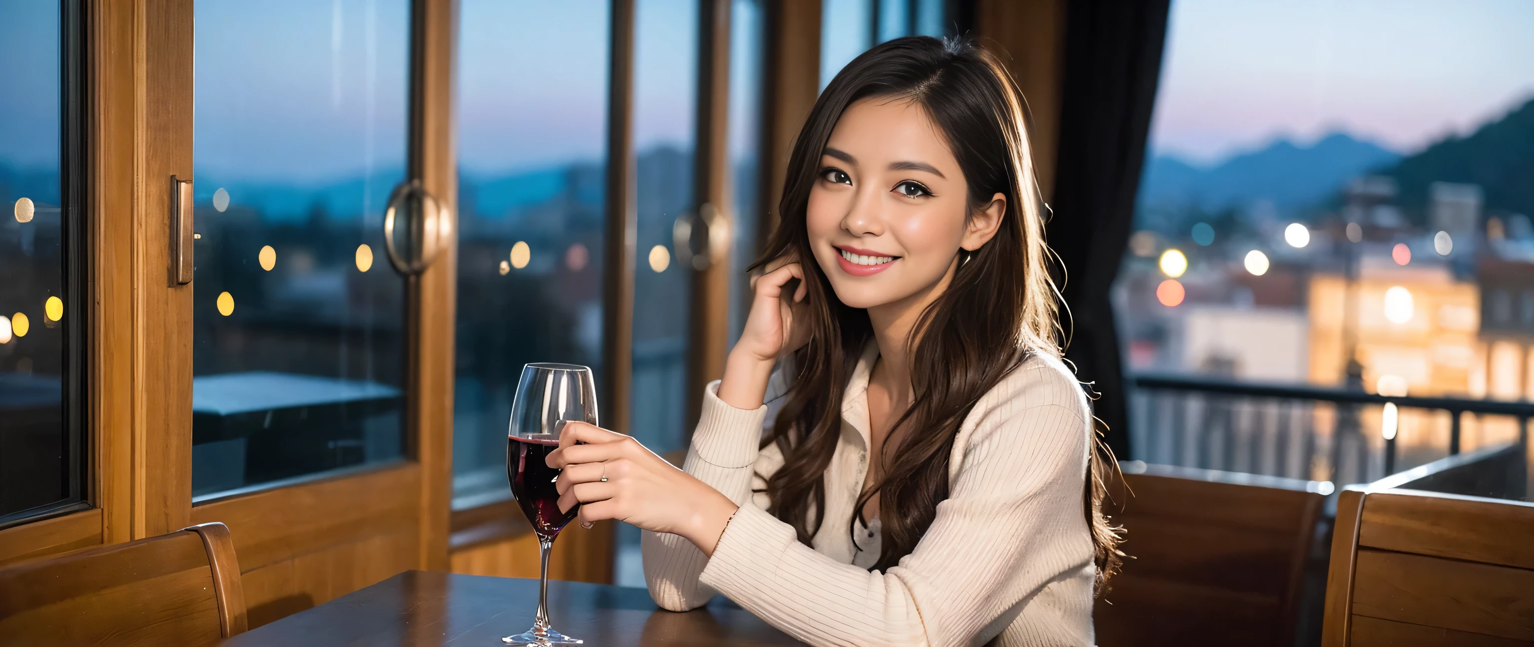 ((highest quality、8k、masterpiece:1.3))、Two beautiful women、Slim body、((Bob Hale、Straight hair:1.2))、(to be born, highest quality, masterpiece:1.5), (Realistic, Intricate details:1.2), Ultra-high resolution, Wine glass on the table、Lighting the face、Amazing view of the sunset sky and clouds、Amazing mountain views、A bright smile、A lovely woman with a smile、Bright image、The beauty of wine, Beautiful Face, blue eyes, The light shines on your face, Blushing, short hair,Bright Face、 (36 years old), 39 years old, Lady、red wine 、Appetizers、Italian food、Wine bottle、Champagne、sparkling wine、Two beauties、Brown Hair、Shortcuts、Long sleeve shirt、dress、Pretty Woman 1, (Slim face), (The body is slim), (Brown Hair), (Shortcuts), cheeks turn a little red,Attractive beauty、, Out of the window, A beautiful and detailed night view unfolds.........., restaurant, In a prominent place (From the waist up) Nova Frog Style, actress, model, Upper Body, White wine, slim, wine glass, A wine glass placed in the middle, smile, (smile: 1.15), Beautiful fine grain, Depth f/2,saturation, High Contrast, Strong light and shadow,Moist Body:1.5、3D texture、Delicate eyes、Brown Hair、The hair is very shiny、