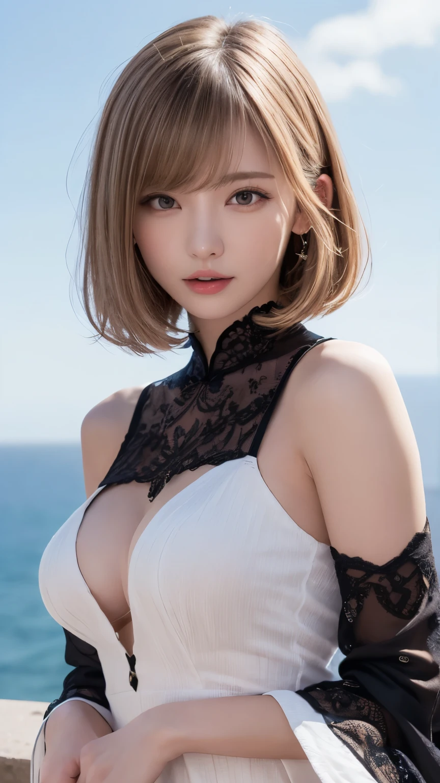 Silver Hair、(masterpiece, Highest品質, Highest, Official Art, beautifully、beautiful, exposed for a long time: 1.2), Smooth movement, Attractive patterns, 1 girl, (Dresses with sleeves: 1.4), Upper Body close-up, Expose your shoulders, Chinese Girl, blush, Black lob hair, Portraiture, alone, Upper Body, Observing the observer, Detailed Background, Detailed face, Controlling the wind, Dynamic pose, Aether Dynamics, in the background, Great atmosphere,blonde, Plump face,Random Pause, Big Breasts