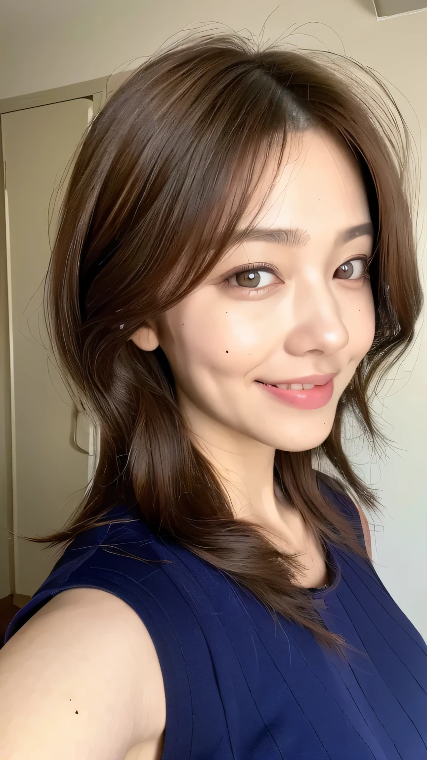 ((highest quality, 8k, masterpiece: 1.3)), 1 girl, Japanese Mature,Voluptuous beauty: 1.3, (Hair style Brown hair Medium wave, big: 1.2), Loose room wear: 1.1, Super slender face, Delicate eyes, double eyelid, Dimples,mole, Home,Relaxing,smile,Purple eye color,