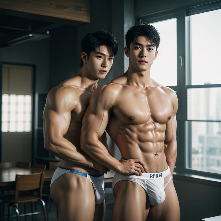 2 handsome chinese guy cuddling, romantic , manly，super realistic, tall, 20 years old，, strong sport body, sexy , detailed muscles, Inspired by Bian Shoumin, Inspired by Xiao Yuncong, yihao ren, yanjun cheng, jinyiwei, inspired by Huang Gongwang, xintong chen,  wearing no shirt and shorts, naked big chest abs , big chest abs, white transparent boxer, see through cloth, super sexy,, Gorgeous wet transparent clothes,, short sleeves, thong, g string bikini, jockstrap, skiny wear, Wearing transparent underwear, big bulge, nice bulge shape,big juicy butts,  bare butts, naked butts, naked body, long big dick masturbate, correct dick shape, open legs, Dark blue decorative clothing，yakuza male tattoo, handsome male，Highest resolution，Muscles look good，hairy body，Wheat complexion，blue eyes（thin eyes 1：3），whole body image, class room background, full  detailed background, beautyfull clear light, look at the viewer , catching eyes, smirt smile