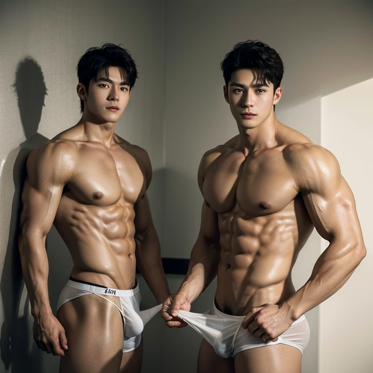 2 handsome chinese guy cuddling, romantic , manly，super realistic, tall, 20 years old，young baby face, strong sport body, sexy , detailed muscles, Inspired by Bian Shoumin, Inspired by Xiao Yuncong, yihao ren, yanjun cheng, jinyiwei, inspired by Huang Gongwang, xintong chen,  wearing no shirt and shorts, naked big chest abs , big chest abs, white transparent boxer, see through cloth, super sexy,, Gorgeous wet transparent clothes,, short sleeves, thong, g string bikini, jockstrap, skiny wear, Wearing transparent underwear, big bulge, nice bulge shape,big juicy butts,  bare butts, naked butts, naked body, long big dick masturbate, correct dick shape, open legs, Dark blue decorative clothing，yakuza male tattoo, handsome male，Highest resolution，Muscles look good，hairy body，Wheat complexion，blue eyes（thin eyes 1：3），whole body image, class room background, full  detailed background, beautyfull clear light, look at the viewer , catching eyes, smirt smile