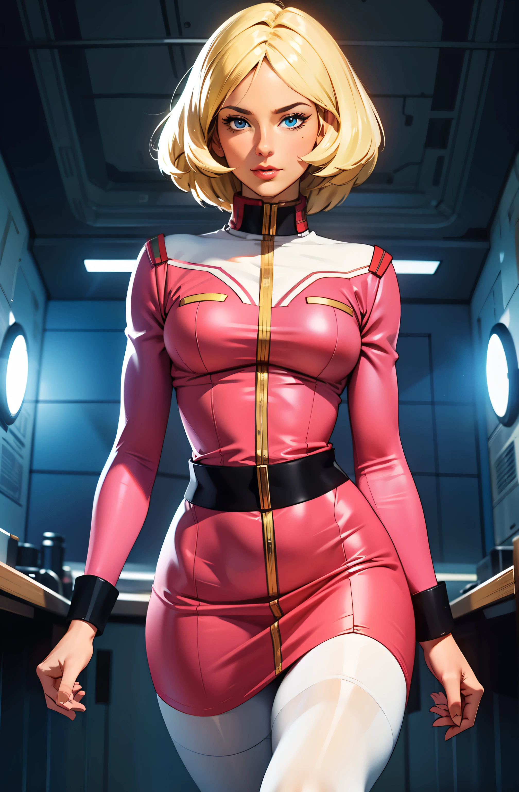 ((masterpiece)), ((cinematic lighting)), realistic photo、Real Images、Top image quality、1girl in, sayla mass, Elegant, masterpiece, Convoluted, slim arms, wide hips, thick thighs, thigh gaps, Best Quality, absurderes, high face detail, Perfect eyes, mature, Cowboy Shot, , Vibrant colors, soft soft pink uniform, soft soft pink Skirt, white tights