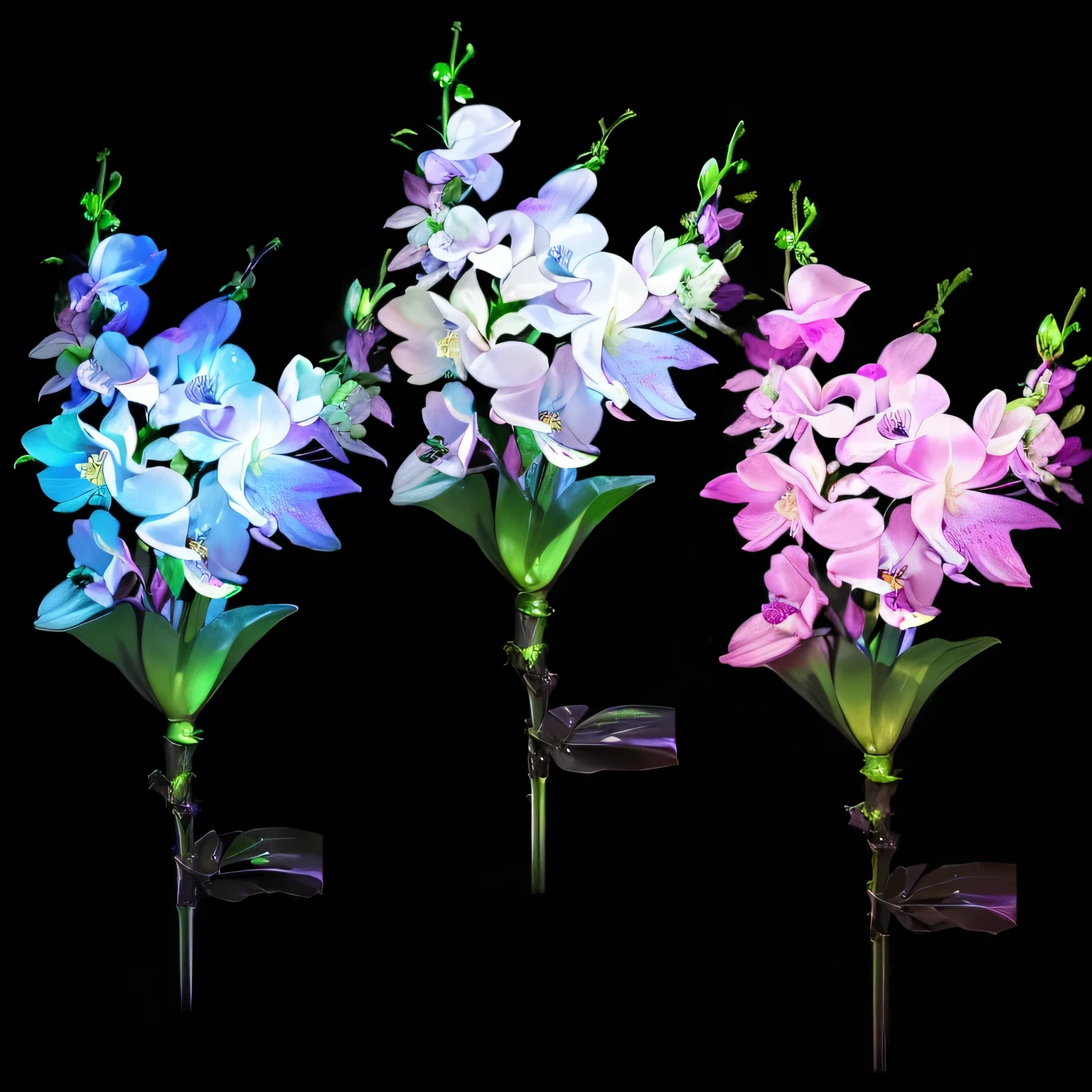 ((masterpiece, best quality, 8K Ultra HD,Ultra Detailed))Glowing Phalaenopsis,Phalaenopsis orchid,Transparent petals,Green Leaf,Rich in details,The lights are colorful,Light color: warm,Photography,Wide-angle lens