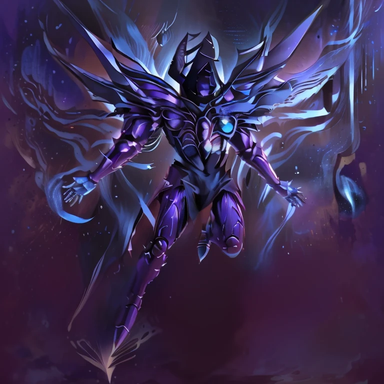 a close up of a robot with blue wings on a purple background, this character has cryokinesis, mecha wings, pterodactyl mecha, humanoid form, crow in cyber armour, guyver style, vitruvian mecha, greek god in mecha style, yugioh art style, ice crystal armor, sliver ice color reflected armor