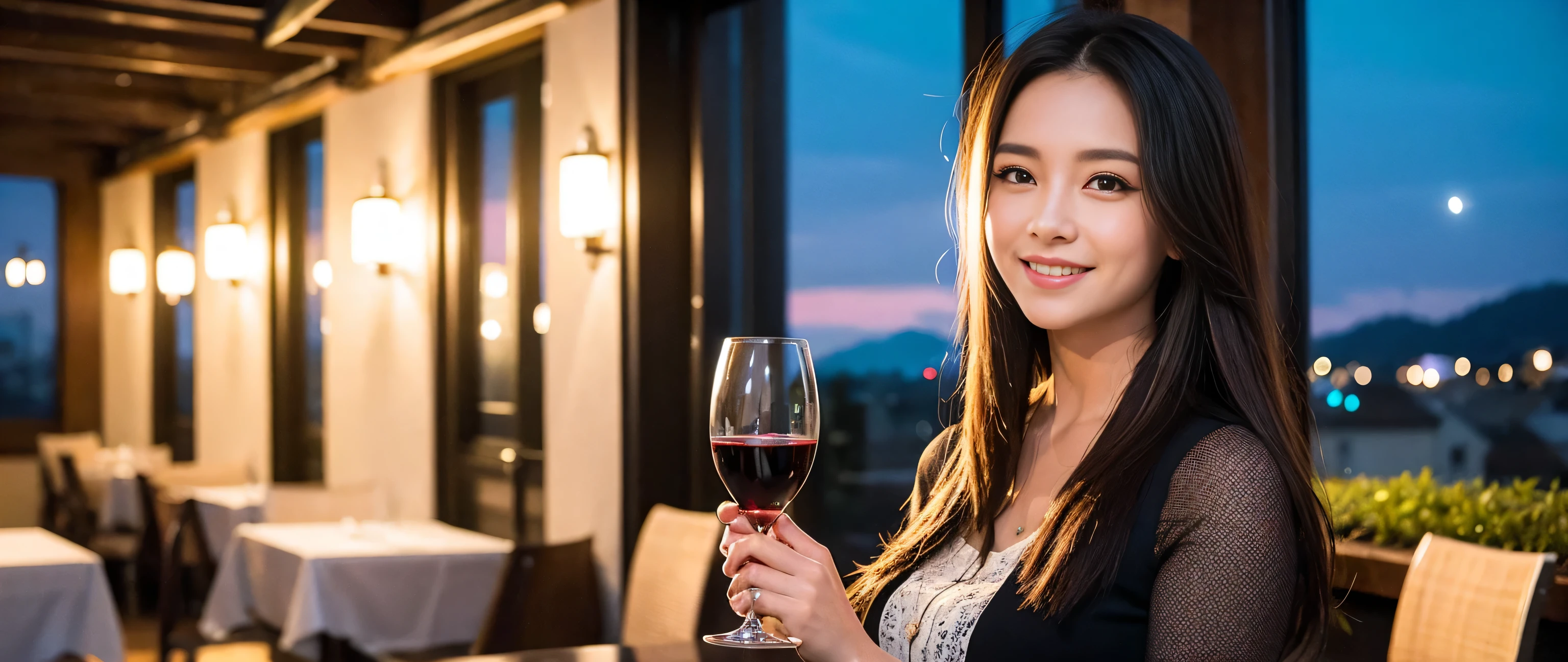 ((highest quality、8k、masterpiece:1.3))、Two beautiful women、Slim body、((Bob Hale、Straight hair:1.2))、(to be born, highest quality, masterpiece:1.5), (Realistic, Intricate details:1.2), Ultra-high resolution, Wine glass on the table、Lighting the face、Amazing view of the sunset sky and clouds、Amazing mountain views、A bright smile、A lovely woman with a smile、Bright image、The beauty of wine, Beautiful Face, blue eyes, The light shines on your face, Blushing, short hair,Bright Face、 (36 years old), 39 years old, Lady、red wine 、Appetizers、Italian food、Wine bottle、Champagne、sparkling wine、Two beauties、Brown Hair、Shortcuts、Long sleeve shirt、dress、Pretty Woman 1, (Slim face), (The body is slim), (Brown Hair), (Shortcuts), cheeks turn a little red,Attractive beauty、, Out of the window, A beautiful and detailed night view unfolds.........., restaurant, In a prominent place (From the waist up) Nova Frog Style, actress, model, Upper Body, White wine, slim, wine glass, A wine glass placed in the middle, smile, (smile: 1.15), Beautiful fine grain, Depth f/2,saturation, High Contrast, Strong light and shadow,Moist Body:1.5、3D texture、Delicate eyes、Brown Hair、The hair is very shiny、