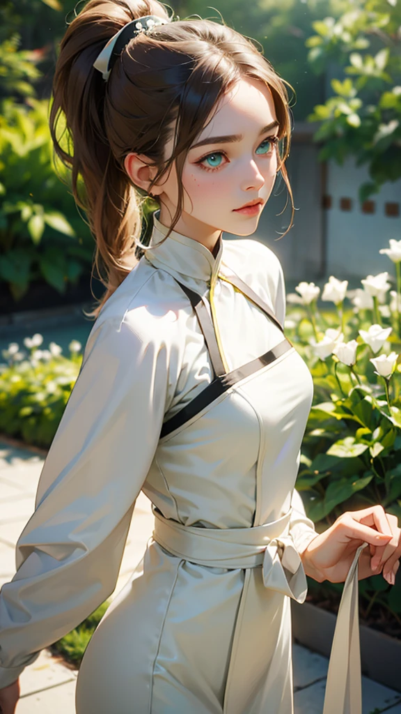 Light brown hair and ponytail、Young woman in a fantastic white costume、Green Eyes
