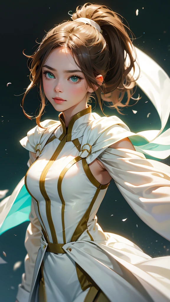Light brown hair and ponytail、Young woman in a fantastic white costume、Green Eyes