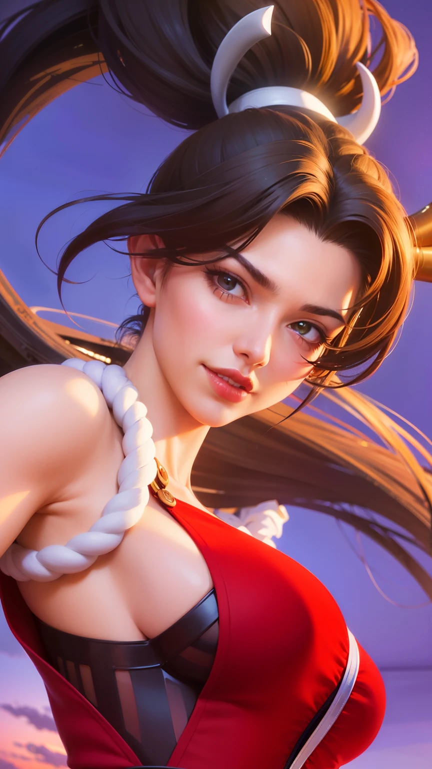 (female:1.2), 8k, ultra hd, ultra detailed texture, hyper realistic, masterpiece, detailed texture, detailed face, detailed skin, detailed lighting, (photorealistic:1.5), best quality, beautiful lighting, cinematic lighting, professional lighting, ultra highres, realistic, detailed hair, real hair, high quality, (realskin:1.??????tremely detailed, finely detail, ultra-detailed, 1girl, solo, elf, pointy ears, standing, demon horns, forehead protector, v-shapped eyebrow, lips, red lips, evil smile, nose, make up, pretty, beautiful, cute face, long hair, high ponytail, ?????????????, cleavage, armpit, navel, stomach, black armor, pauldrons, ???? shoulders, shoulder armor, thigh high, sleevless, detached sleeves, breastplate, gauntlets, masha \(mobile legends\), depth of field, looking aways, white skin, skin tight, amazing pose, outdoors, glowing, dark view