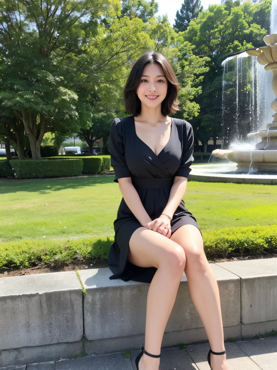最high quality, In 8K, Masseter region, Vibrant, Sharp focus, high quality, High resolution, Detailed face, fine grain, Thick lips, (Looking at the audience), alone, Beautiful woman, 38 years old, Japanese women, （Short black hair:1.4）、（Bob Hair:1.4）, Cleavage, Lunch break、Large city park、Green Grass、In front of a big fountain、（sitting on a park bench:1.3）、（Full body photo:1）、（Black formal dress:1.5）、（Knee length dresses:1.5）、（Black pumps:1.5）、（Red lipstick:1）、（smile:1.3）、（Standard body type）、（D cup breasts）、（Evening scenery:1.5）