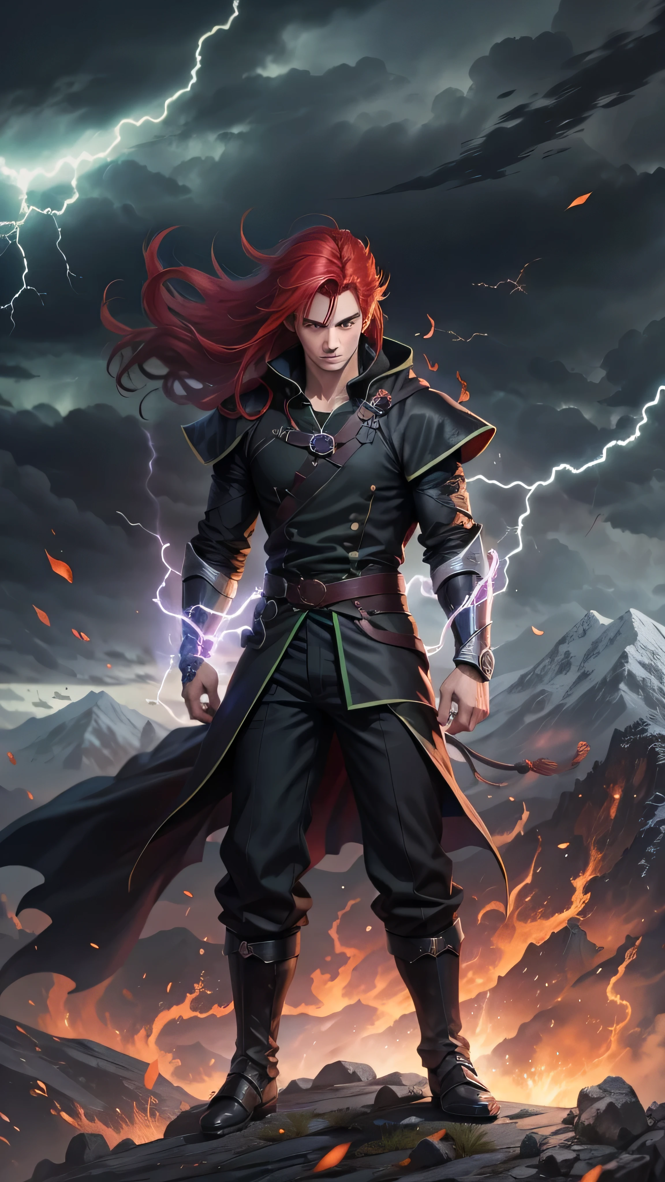 Male ninja, highly detailed, masterpiece, best quality, correct hands, long red hair, long hair, correct eyes, green eyes, bright green eyes, ((black pants, black cloak, black shirt, black vest,)) smug look, mountain background, storm, lightning, stormy atmosphere, surrounded by lightning, green lightning, green static sparks,