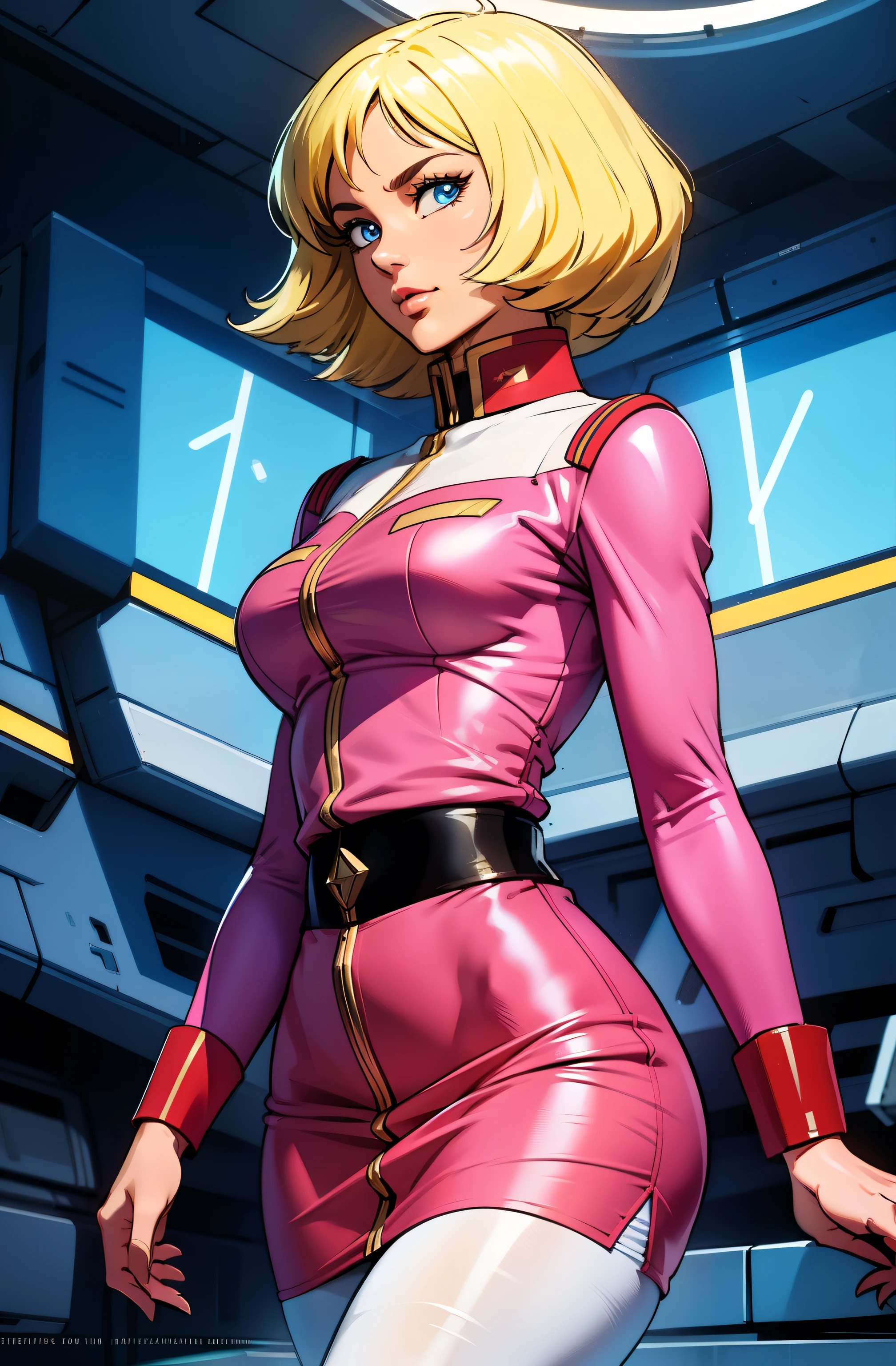 ((masterpiece)), ((cinematic lighting)), realistic photo、Real Images、Top image quality、1girl in, sayla mass, Elegant, masterpiece, Convoluted, slim arms, wide hips, thick thighs, thigh gaps, Best Quality, absurderes, high face detail, Perfect eyes, mature, Cowboy Shot, , Vibrant colors, soft pink uniform, soft pink Skirt, white tights, side view, looking at viewer