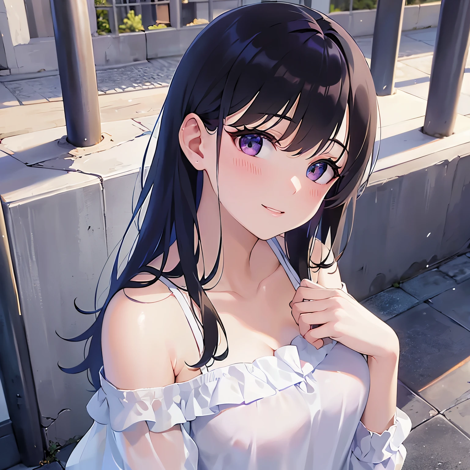 Shooting from above、looking up, upper body, Realistic, real person, (pale skin: 1.2), (RAW photo:1.5), photorealistic, shiny skin, shiny hair、(A 25-year-old woman with straight hair and bangs) and (medium hair) and (black hair) and (purple eyes), (white:1.5) and (off shoulder blouse:1.2), (embarrassed, blush:1.2), smile, The background is a park、alone、