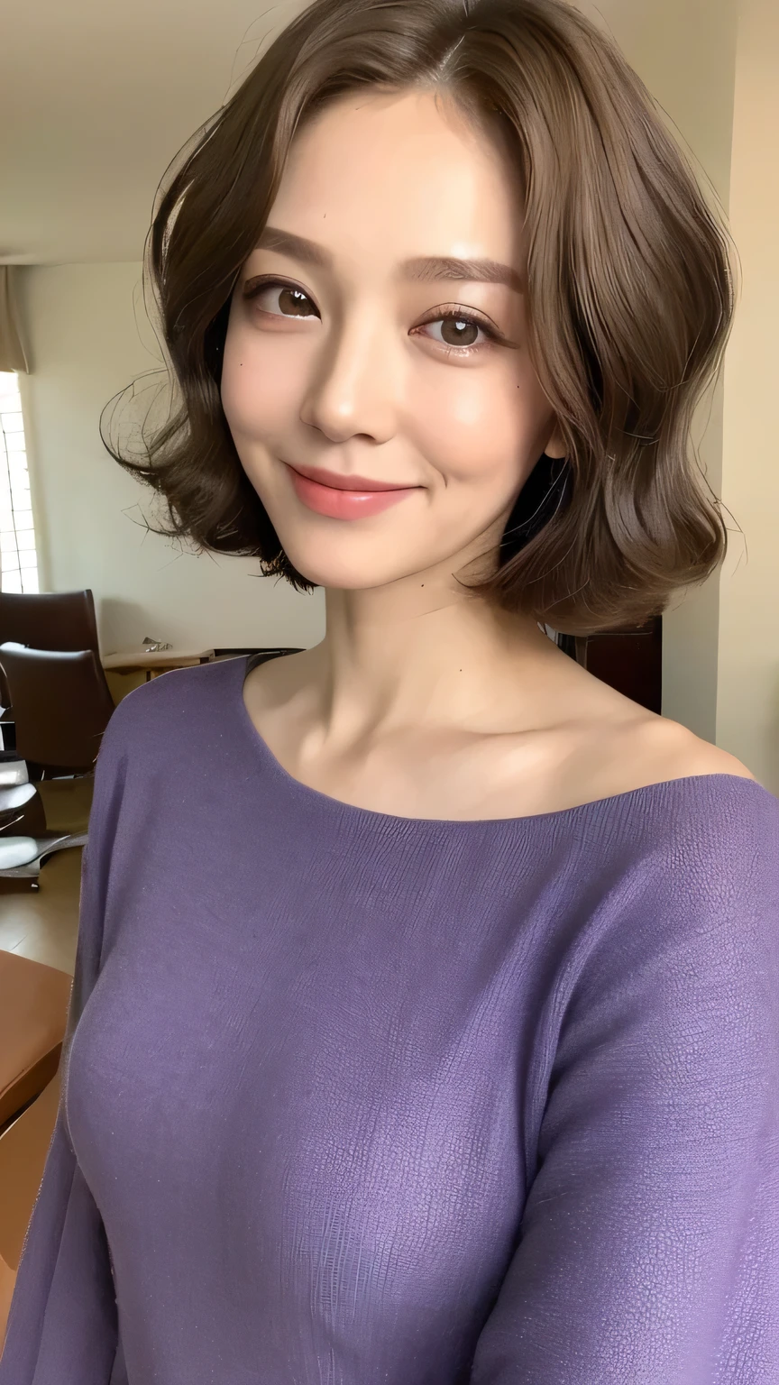 ((highest quality, 8k, masterpiece: 1.3)), 1 girl, Japanese Mature,Voluptuous beauty,80 years old: 1.3, (Hair style Brown hair Short waves, big: 1.2), Loose room wear: 1.1, Super slender face, Delicate eyes, double eyelid, Dimples,mole, Home,Relaxing,smile,Purple eye color,