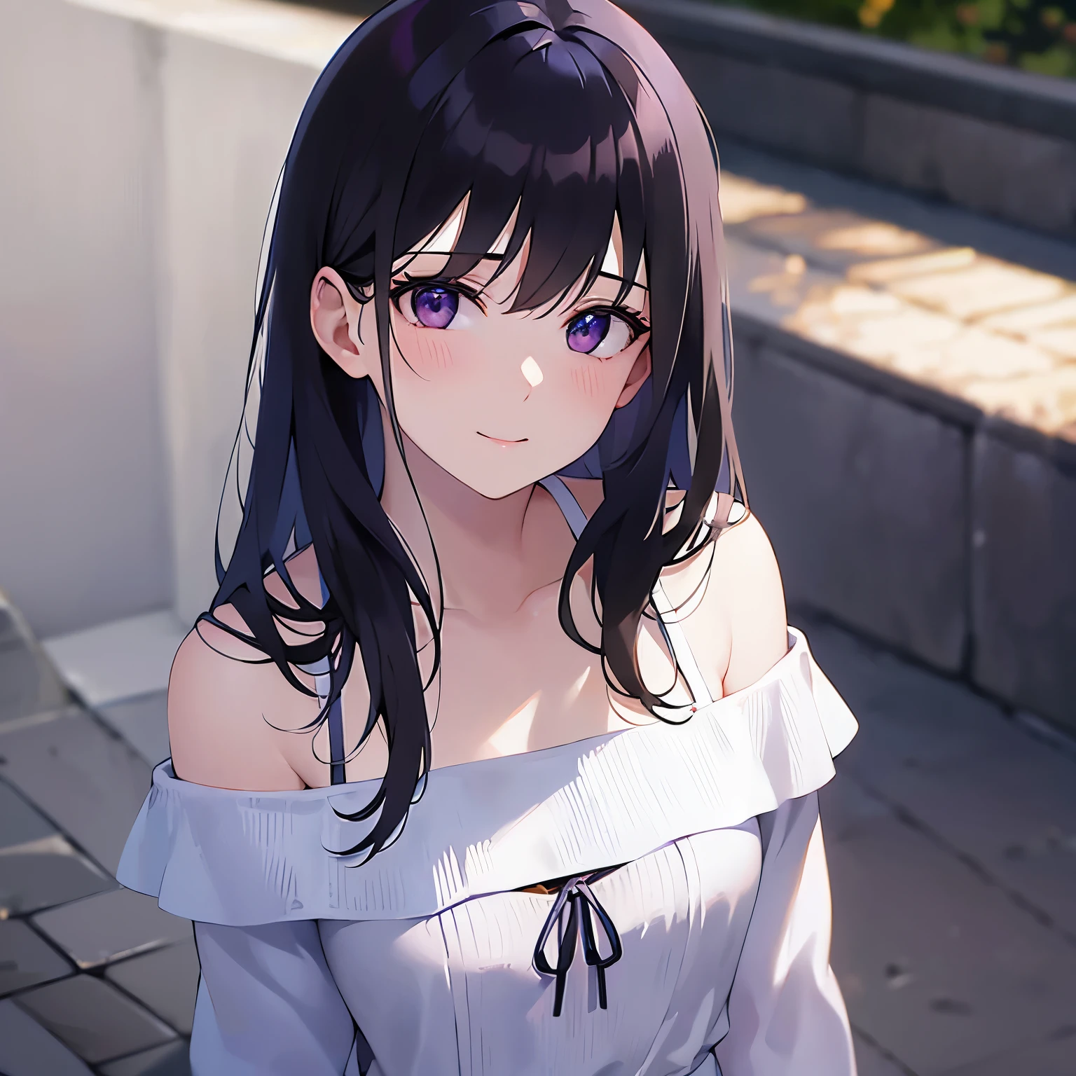 Shooting from above、looking up, upper body, Realistic, real person, (pale skin: 1.2), (RAW photo:1.5), photorealistic, shiny skin, shiny hair、(A 25-year-old woman with straight hair and bangs) and (medium hair) and (black hair) and (purple eyes), (white:1.5) and (off shoulder blouse:1.2), (embarrassed, blush:1.2), smile, The background is a park、alone、