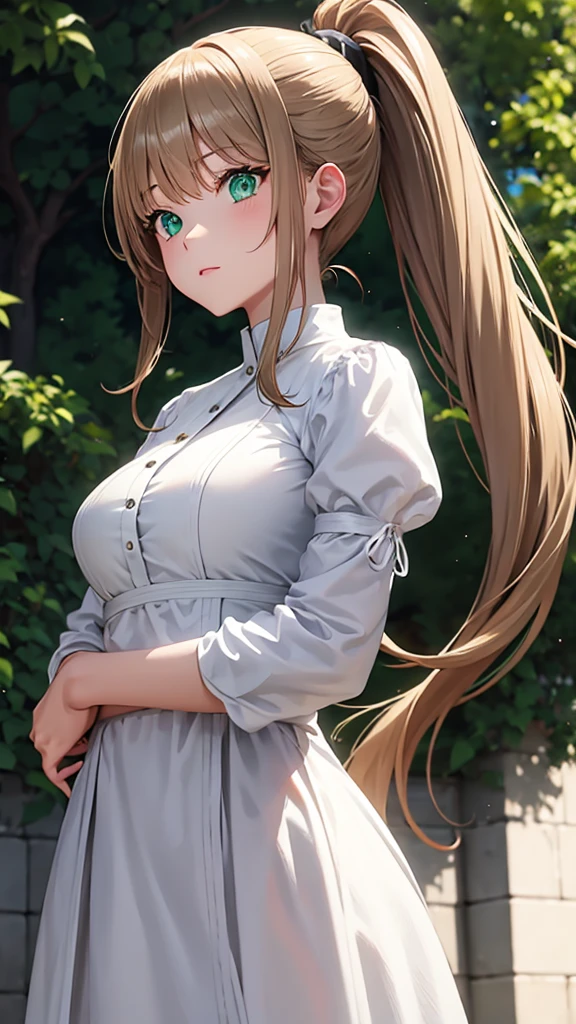 Light brown hair and ponytail、Young woman in a fantastic white costume、Green Eyes