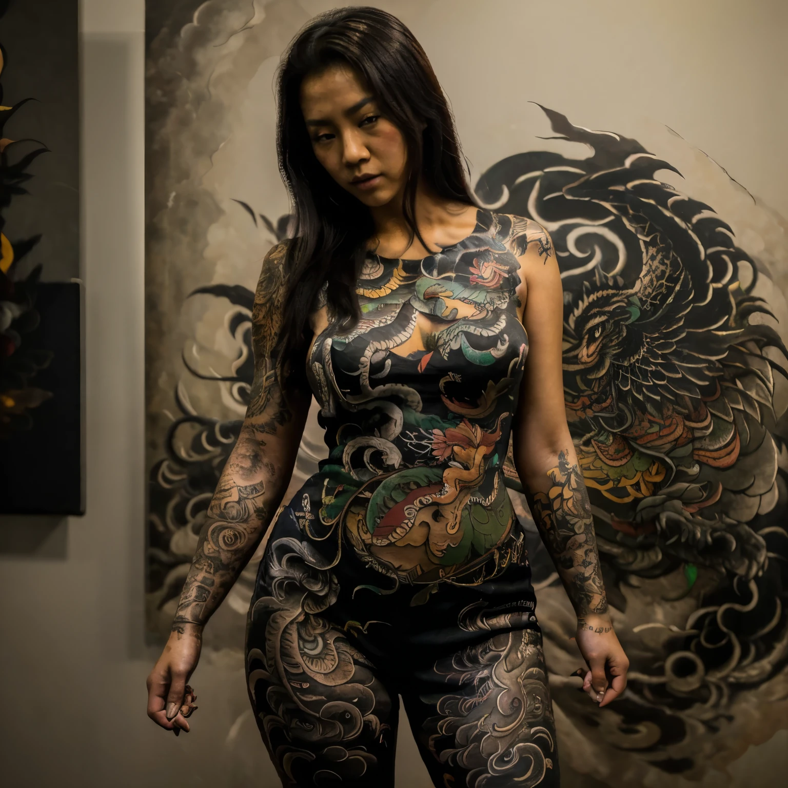 (best quality) beautiful Asian woman wearing overalls painting a Asian dragon on a canvas with paint on her body, HDR,4k, realistic