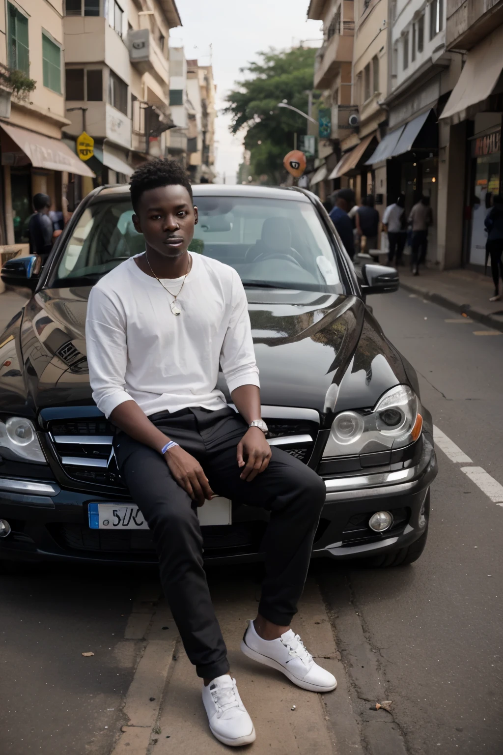 african young man sitting on a new model mercedes benz with a plate number written MTEULE IN the streets of Nairobi TOWN