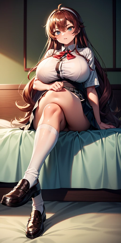 (masterpiece, best quality, ultra detailed, absurdness)1.5, 1girl Eris Boreas Greyrat (sexy, beautiful woman, perfect face, perfect eyes, perfect female body, huge breasts)1.5 (Japanese , skirt, brown schoolgirl shoes, long white socks, [knee socks thigh] loafers, long messy hair, big hair) (sitting on bed, crossed legs, inside a hospital), perfect lighting, smooth