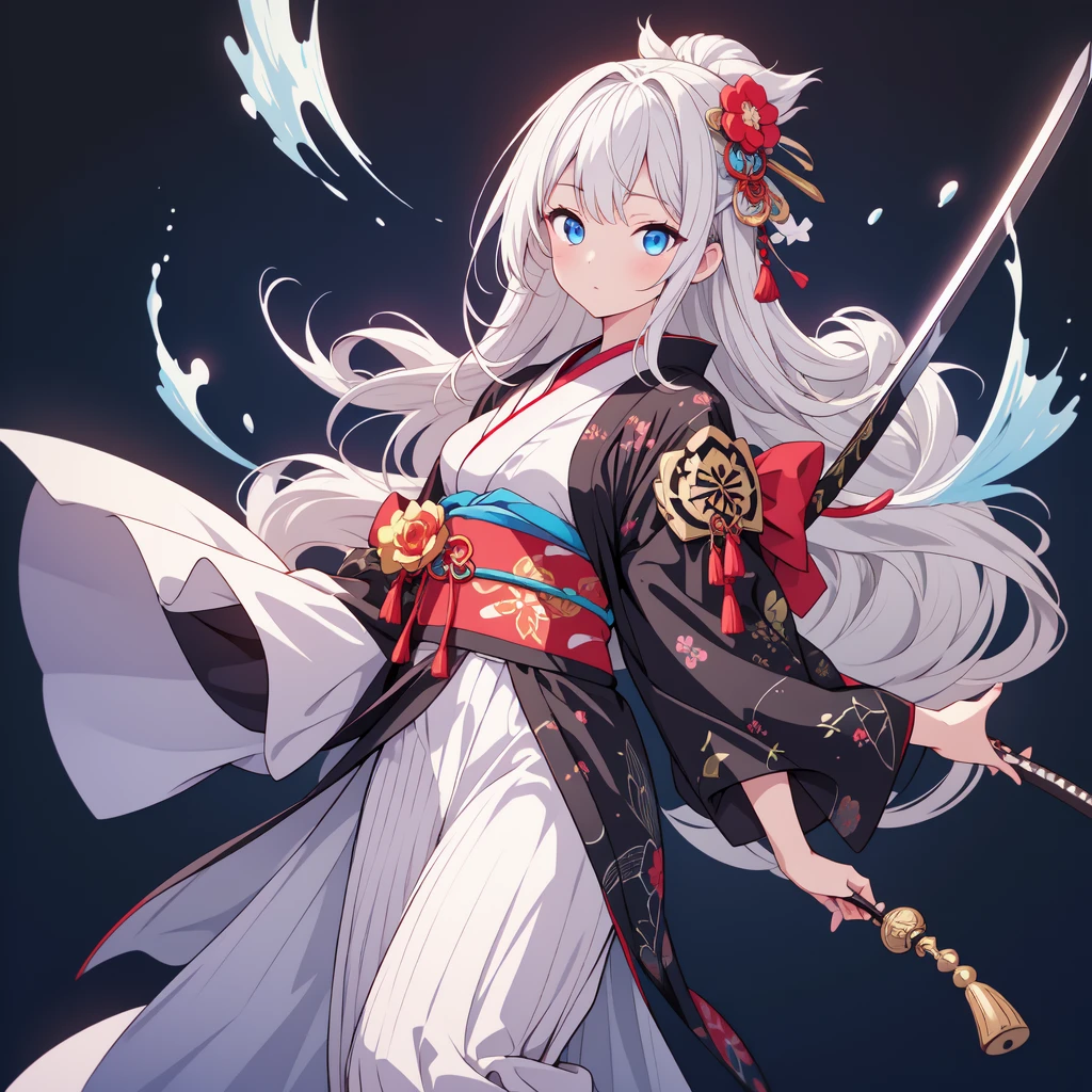 A girl in a kimono stands holding a jet black Japanese sword with a glittering tsuba、White medium hair、blue eyes、A kimono with a galaxy pattern on a blue background、White splashes on a black background、super high quality、Ultra-fine detail、Ultra-fine kimono patterns,family crest、Facing the viewer、