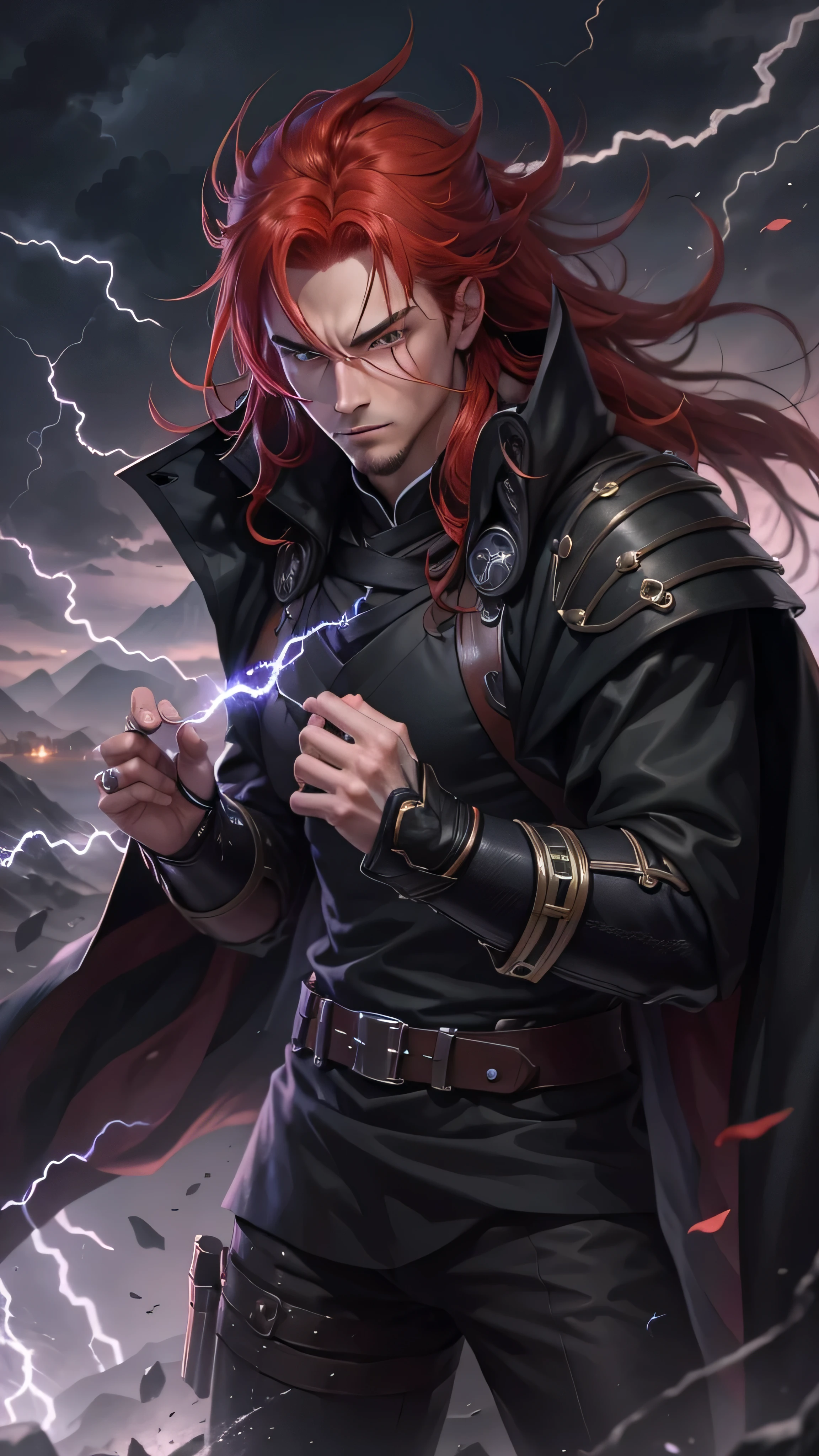 Male ninja, highly detailed, masterpiece, best quality, correct hands, long red hair, long hair, correct eyes, green eyes, bright green eyes, ((black pants, black cloak, black shirt, black vest,)) smug look, mountain background, storm, lightning, stormy atmosphere, surrounded by lightning, green lightning, green static sparks,