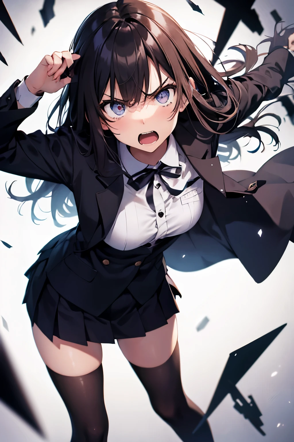 leaning forward, angry girl, shouting, cool uniform, face