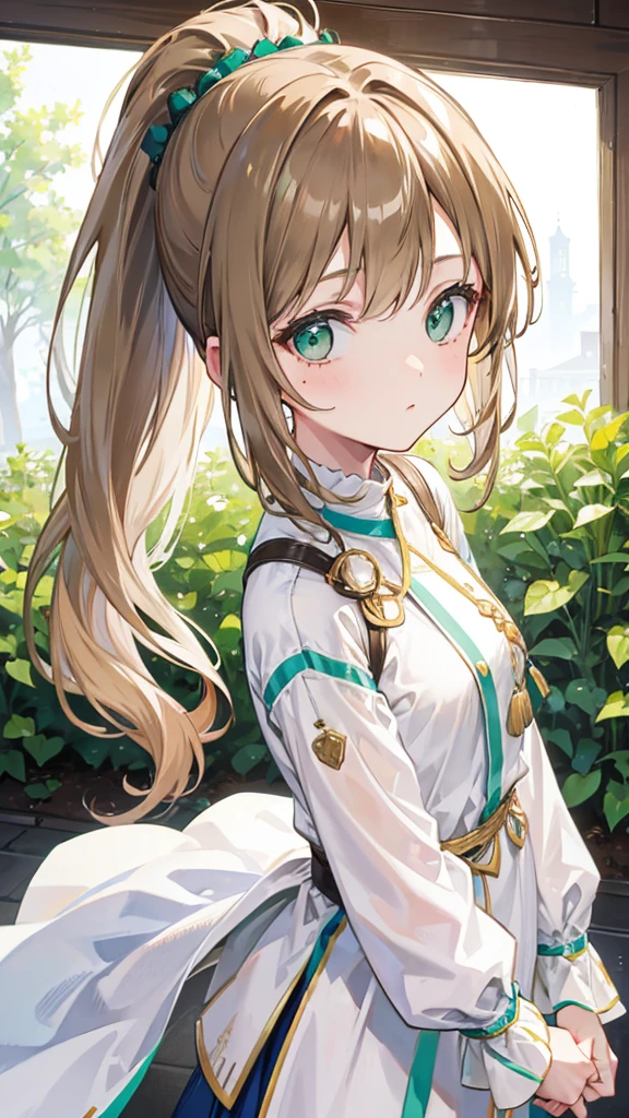 Light brown hair and ponytail、Young woman in a fantastic white costume、Green Eyes