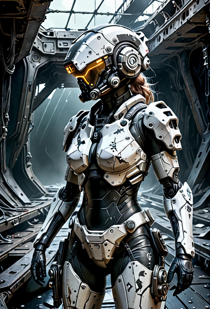 A stranded female Cyborg Soldier in an abandoned Battle Starship Shipwreck, dystopian futuristic scene, realistic style in Don Lawrence brush stroke, oil on canvas, octane render with dramatic lighting and strong shadows, her clothing is tattered and worn out, she has a scar or battle wound, she is wearing a futuristic helmet or visor, she has mechanical enhancements like cybernetic eyes, the shipwreck environment feels eerie and desolate, there is some broken machinery or equipment around her, and her expression is determined and battle-worn