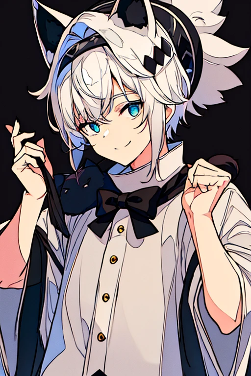 A cute white-haired boy wearing a black cat headgear is smiling