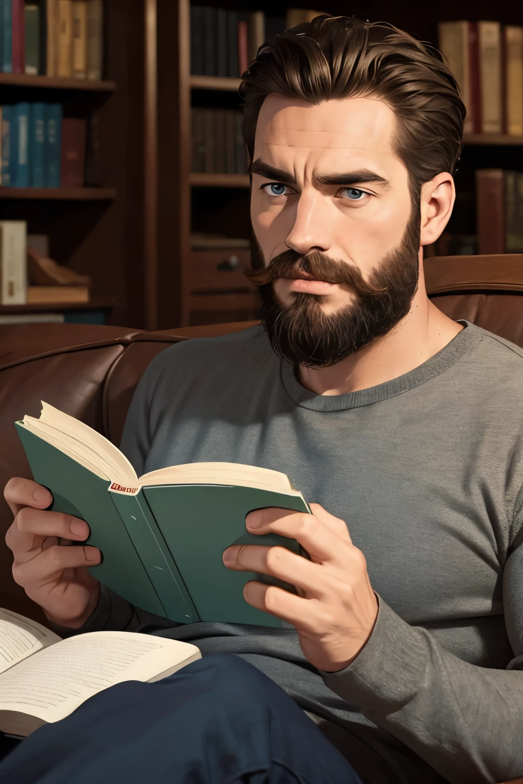 man, beard, reading a book, cinematic, detailed, realistic,