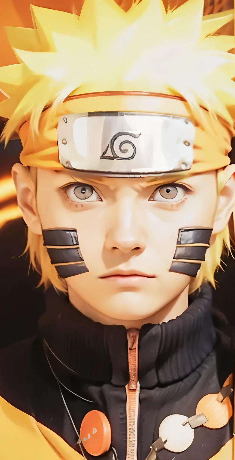 naruto uzumaki, Leaf headband, Orange turtleneck jacket , Orange Eyes, The whole face is bright, Angry face, 3 strips on the side, Portrait Photography, Real Humans、Realistic Hair、
