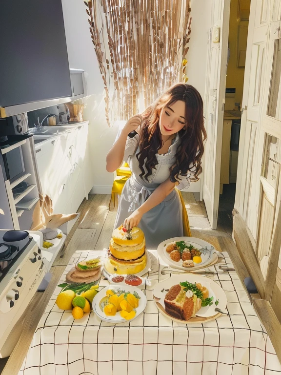 il y a une femme assise à une table avec des assiettes de nourriture, styliste culinaire, ❤🔥🍄🌪, image de profil, prise avec canon eos 5 d mark iv, 🐿🍸🍋, merde mon esprit, 🪔 🎨;🌞🌄, prise avec Sony Alpha 9, avec des tissus jaunes, prise avec canon 8 0 d, cooking show