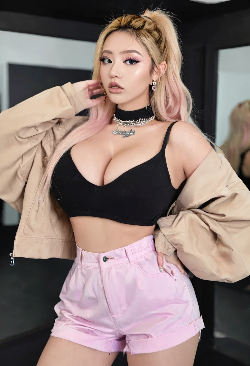 Asian girl,bimbo,bronze tan,chubby cheeks,enlarged lips,big blue eyes,long straight hair blonde ,gigantic lips,Huge fake tits ,narrow waist,gigantic ass,huge round ass,wide hips,thick thighs,pumped claves,long legs,chubby shapes,(clothes:jacket with a long sleeve beige, High-waisted pink shorts,black knee high socks, Stripper shoes black,choker,necklace,earrings),long black fingernails,manicure,(orgasm face),(face of ecstasy),(ahegao face),(high quality),(hyper realistic),( realism),(8K,UHD),tattoo chest,tattoo arms,tattoo shoulder, Tattoo on the hips,tattoo on the lower back,(sexy pose),looking at camera,(bright makeup,smoky eyes ),((masterpiece)),(role model:dancer ),((detailed face)),solo,pumped ass,perfect body,very tan skin,(location:dance studio ),(piercing nose,piercing eyebrow,piercing lip),half face,side view 