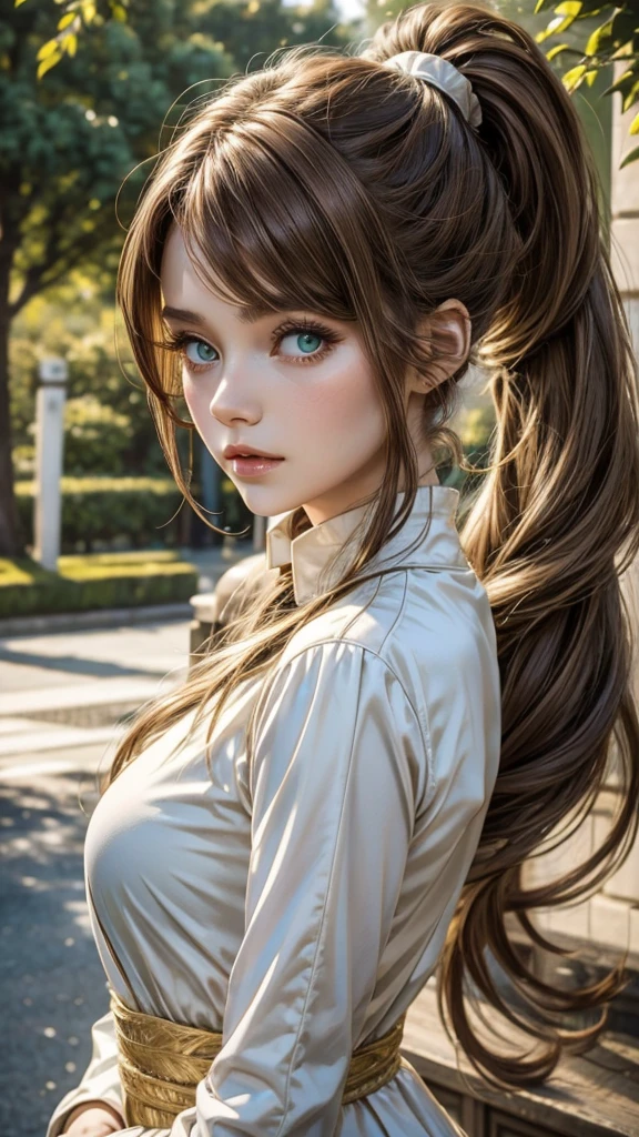 Light brown hair and ponytail、Young woman in a fantastic white costume、Green Eyes