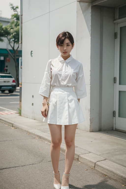 white blouse, A-line skirt, Full body of a Korean woman with short hair and a white face