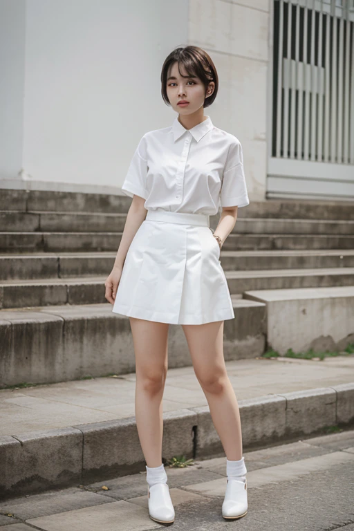 white blouse, A-line skirt, Full body of a Korean woman with short hair and a white face
