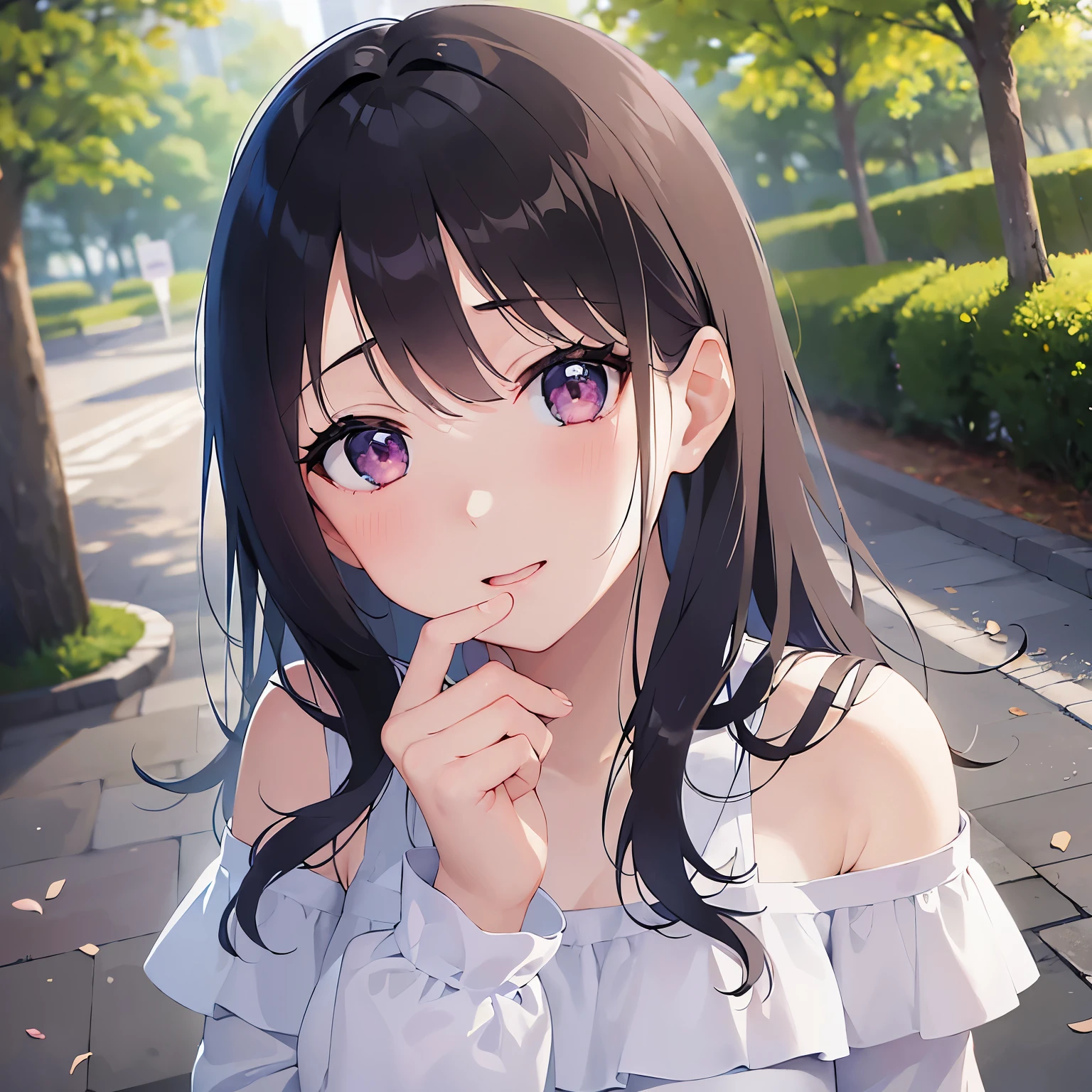 Placing hand on chest、Biologically correct five fingers、Shooting from above、looking up, upper body, Realistic, real person, (pale skin: 1.2), (RAW photo:1.5), photorealistic, shiny skin, shiny hair、(A 25-year-old woman with straight hair and bangs) and (medium hair) and (black hair) and (purple eyes), (white:1.5) and (off shoulder blouse:1.2), (embarrassed, blush:1.2), smile, The background is a park、alone、