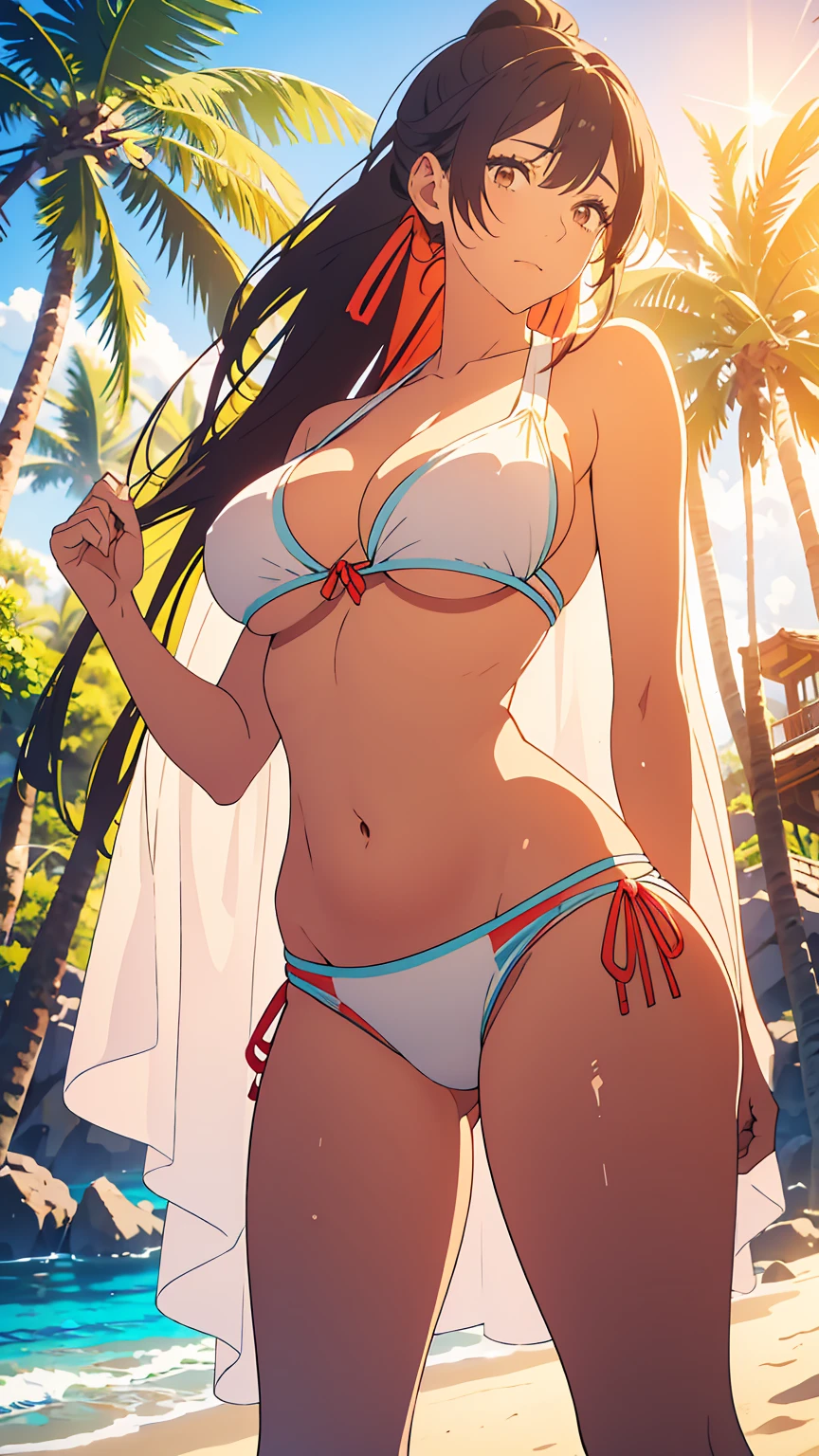 Sagiri Yamada ,dark brown hair , brown eyes , white bikini ,Sexy position, huge Breast, voluptuous body, seductive body , thick body, body to kill for, beach sunset, exotic setting, tropical paradise, warm golden tones, soft lighting, beautiful beach waves, sand between her toes, playful pose, confident expression, sun-kissed skin, flowing hair, mesmerizing gaze, alluring charm, vibrant colors, detailed textures