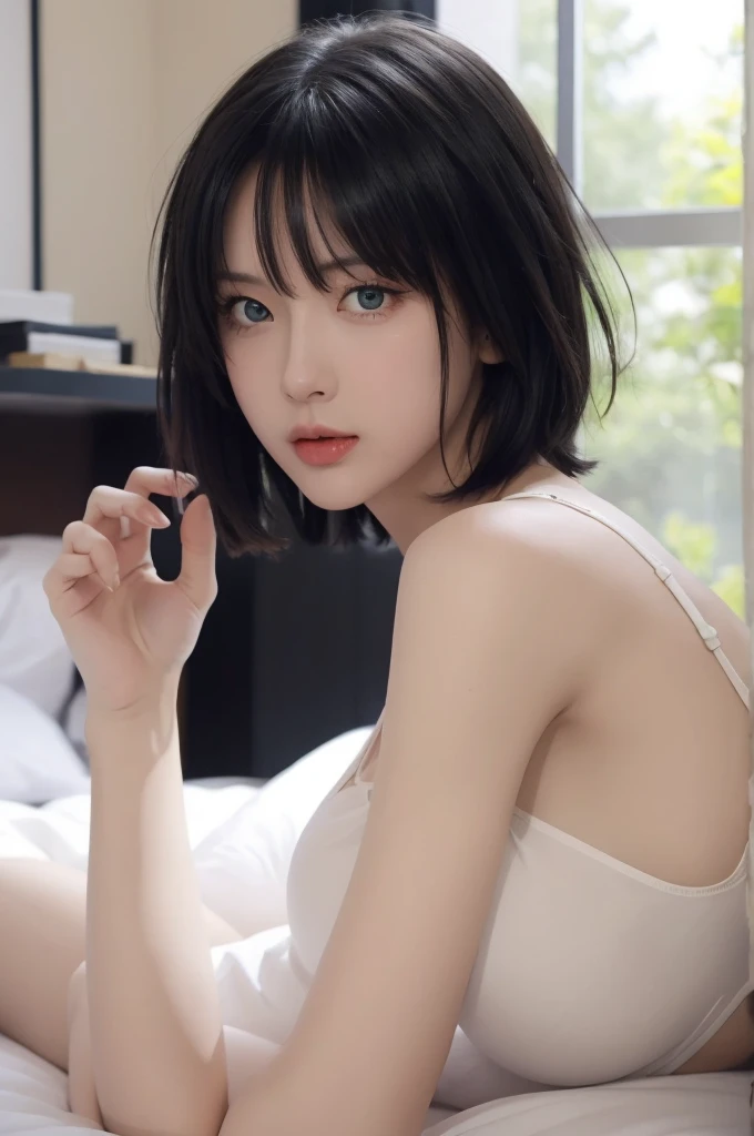 woman, woman, short hair, hair ornament, blue hair, Without clothing, Nude girl, naked грудь, naked девушка, Bare breasts, naked , legs , sitting on the bed , small, sexy body , one flower, hair цветок, (orange eyes:1.2), (labret piercing:1.2), eyeshadow, Akatsuki \(naruto\),BREAK (masterpiece:1.2), Best quality, A high resolution, unity 8k wallpaper, (illustration:0.8), (beautiful detailed eyes:1.6), very detailed face, perfect lighting, extremely detailed computer graphics, (perfect hands, Ideal Anatomy),