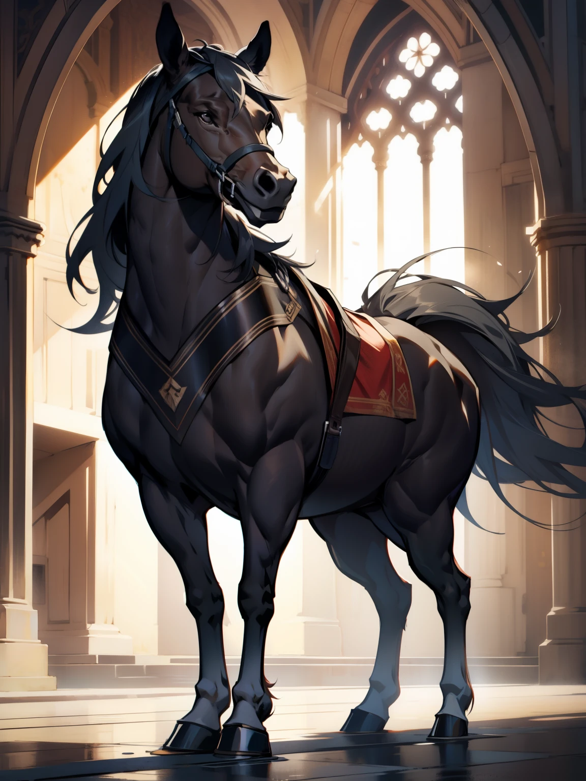 standing horse, gray fur,