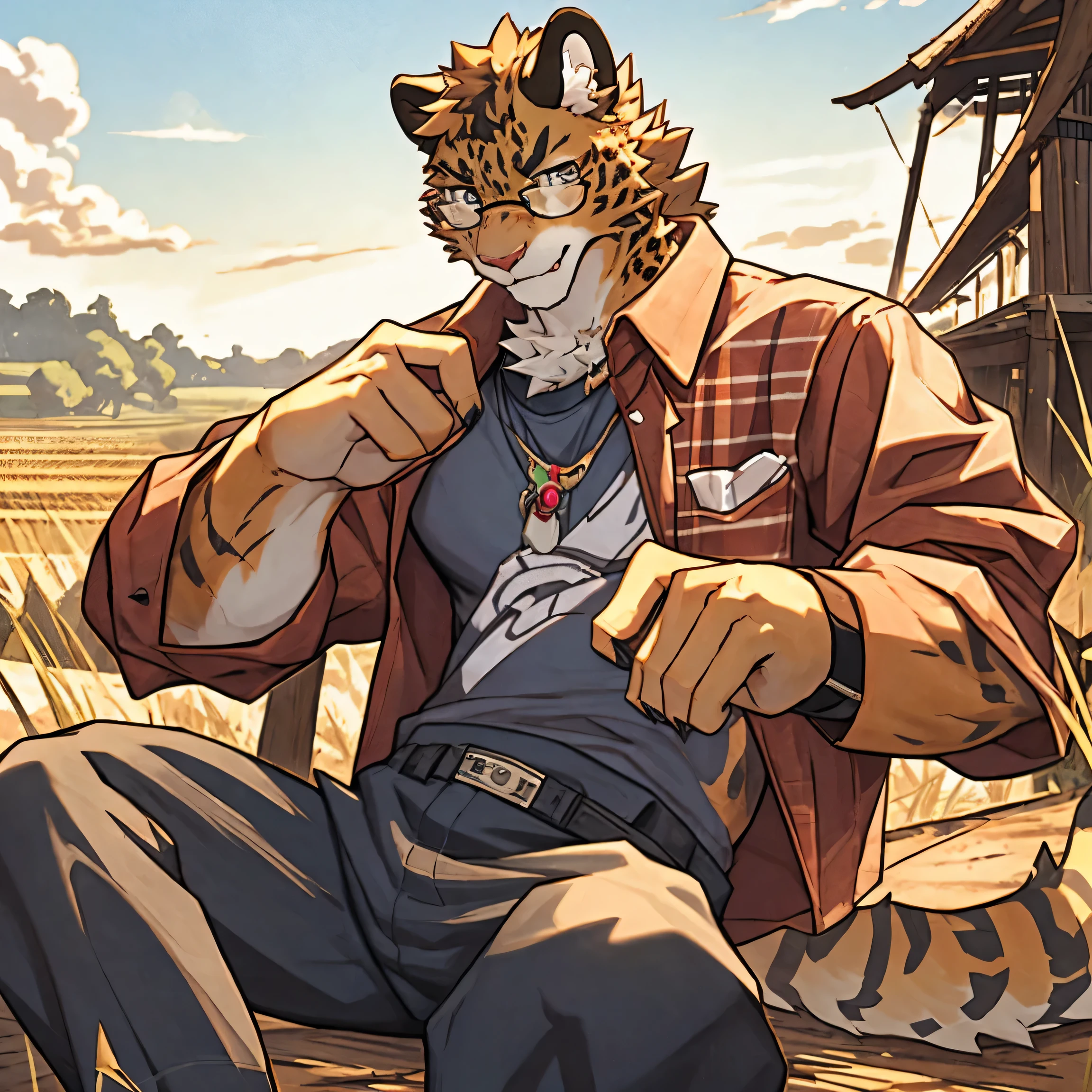 juvenile，individual，Leopard，Golden fur，wearing glasses，Tsundere，Blushing，Wear a shirt on the upper body，Wear loose trousers，Country style，Carrot in hand，Next to the rice fields。