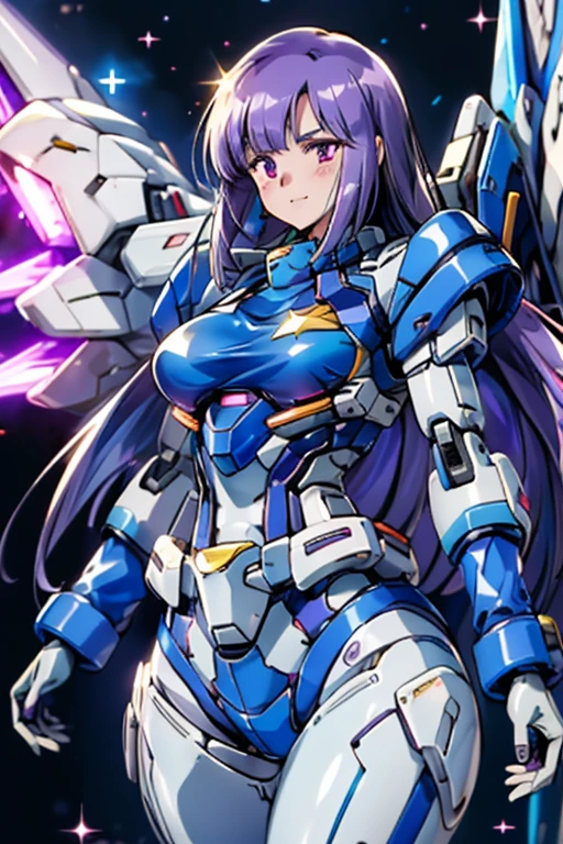 Perfect artwork、(One Girl)、(Mecha Girl、mecha musume)、((The perfect woman))、
Beautiful Face、Glowing Skin、Big breasts and small waist、
Purple Hair、Hair length、Star mark、Blue pilot suit、