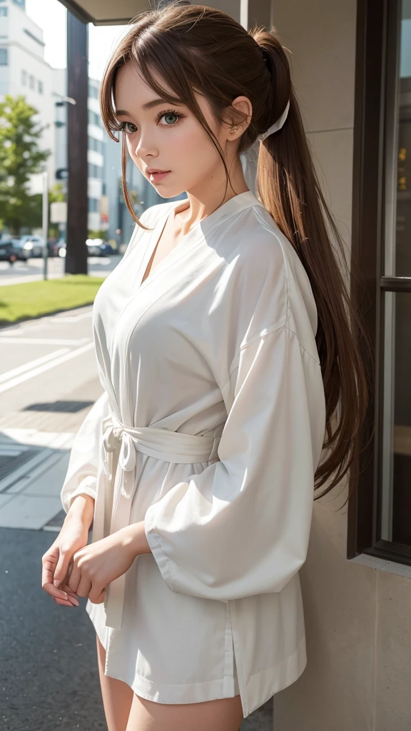 Light brown hair and ponytail、Young woman in a fantastic white costume、Green Eyes