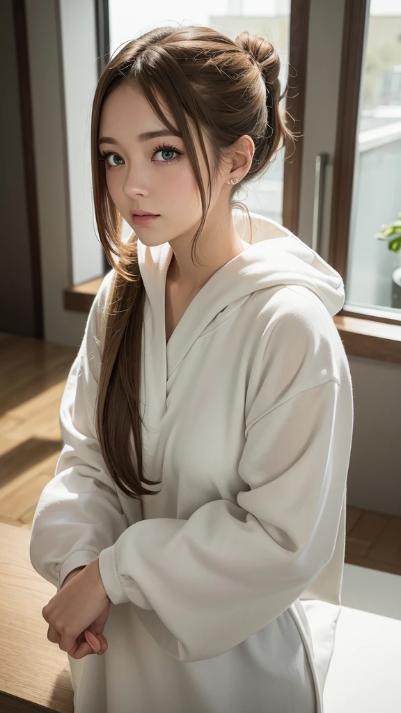 Light brown hair and ponytail、Young woman in a fantastic white costume、Green Eyes