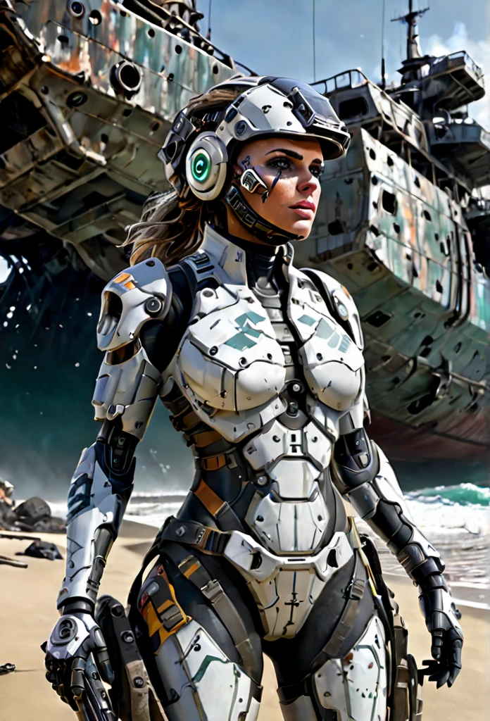 A stranded female Cyborg Soldier in an abandoned Battle Starship Shipwreck, dystopian futuristic scene, realistic style in Don Lawrence brush stroke, oil on canvas, octane render with dramatic lighting and strong shadows, her clothing is tattered and worn out, she has a scar or battle wound, she is wearing a futuristic helmet or visor, she has mechanical enhancements like cybernetic eyes, the shipwreck environment feels eerie and desolate, there is some broken machinery or equipment around her, and her expression is determined and battle-worn